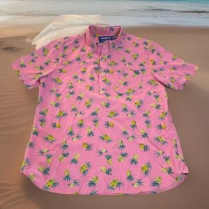 Chubbies Men L Hawaiian Pink Aloha Polo Shirt All Over Pineapple‎ Print Stretch